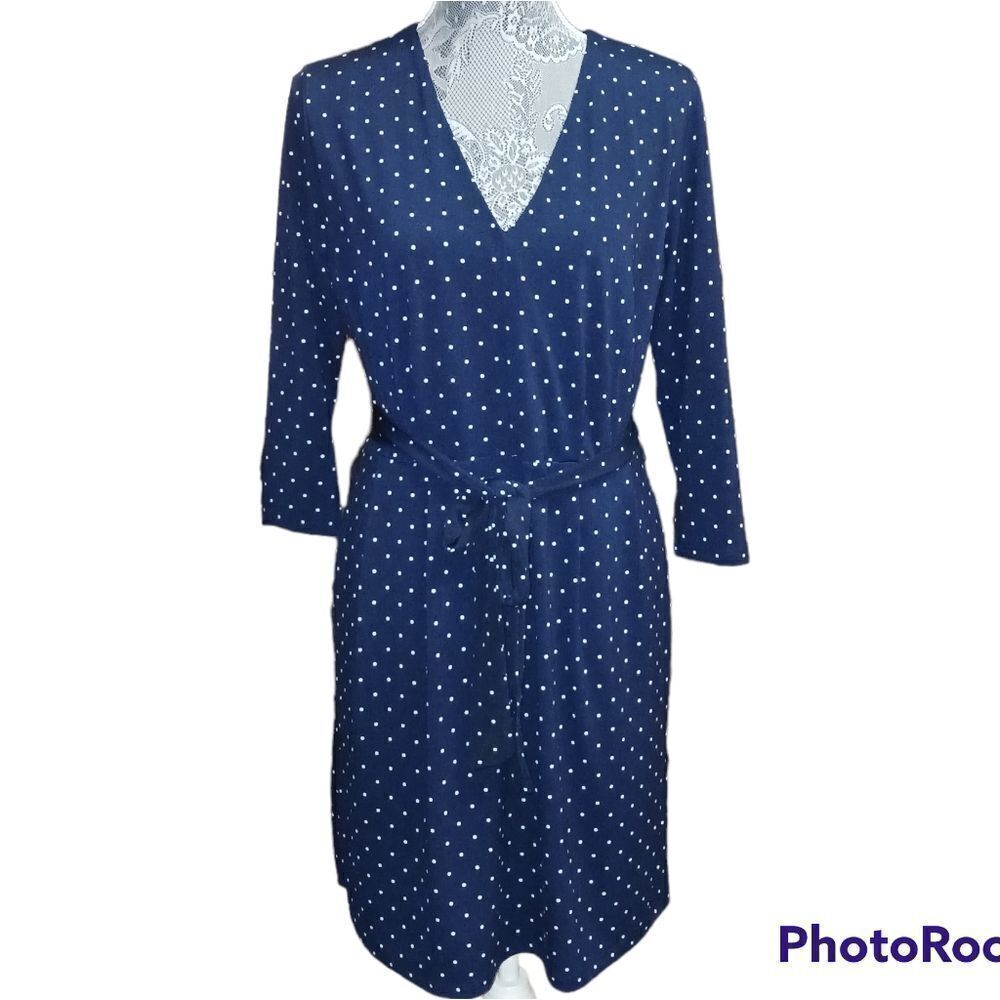 NAVY Blue H & M Polka-dot Belted Dress, Size Medium